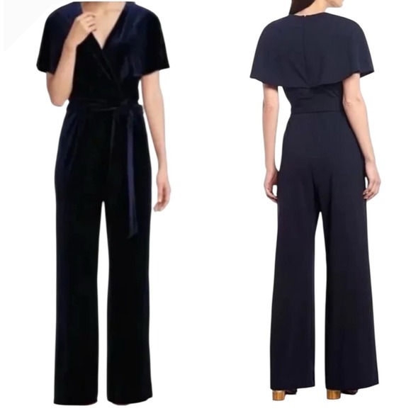 Alex Marie Pants - Alex Marie Jumpsuit Women 18 Navy Blue Velvet Cape Sleeves Belted Wide Leg Beth